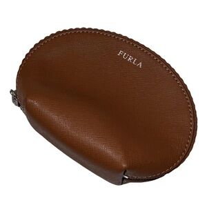 Furla AUTHENTIC Brown Leather Small Pouch Cosmetic Case Makeup Bag Vanity Travel
